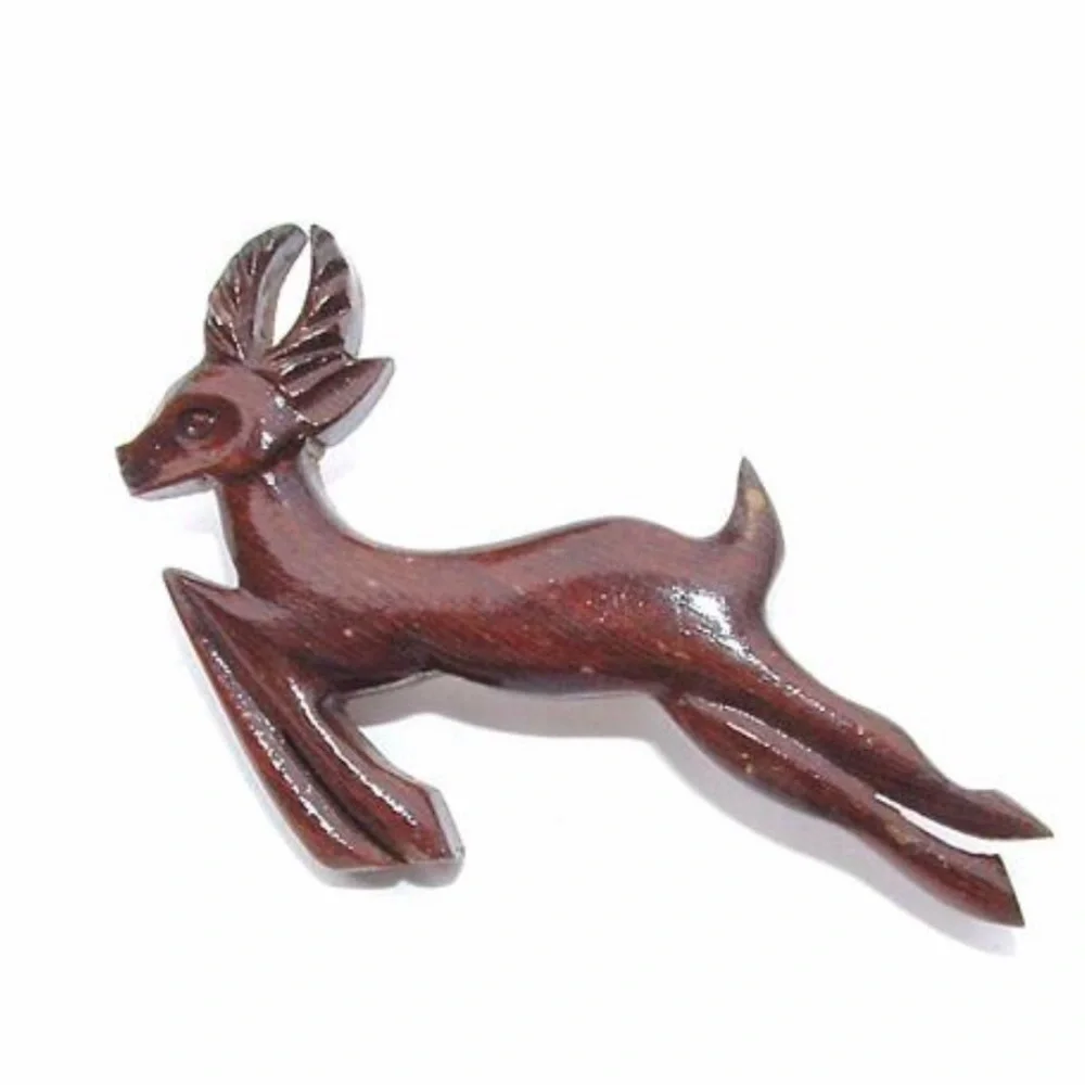 Antique Pin Rustic Hand Carved Wood Deer Brooch
